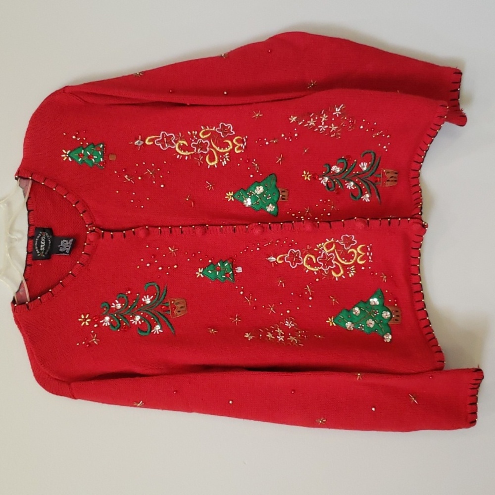 Designers Studio Originals Sweater Womens L Red Holiday Cardigan Tree Motifs